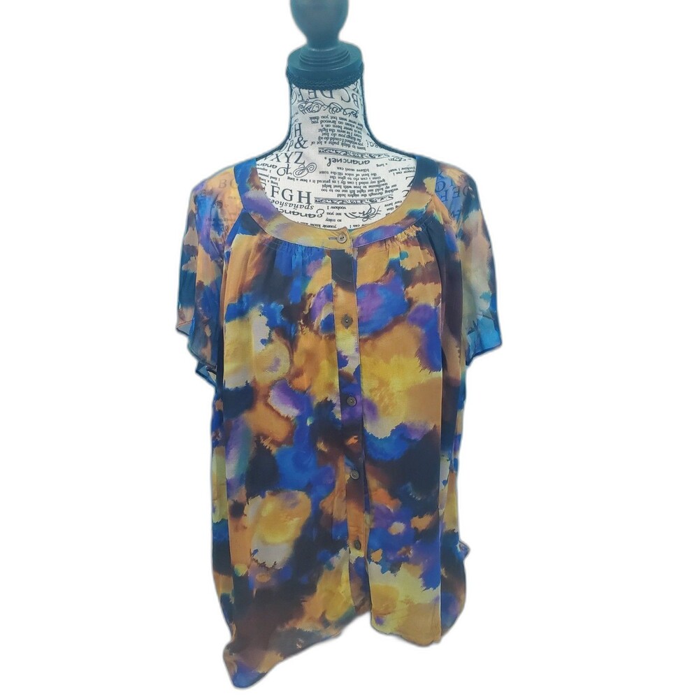 Jones New York Woman Blouse 14W Watercolor Abstract Abstract Print Chiffon Top